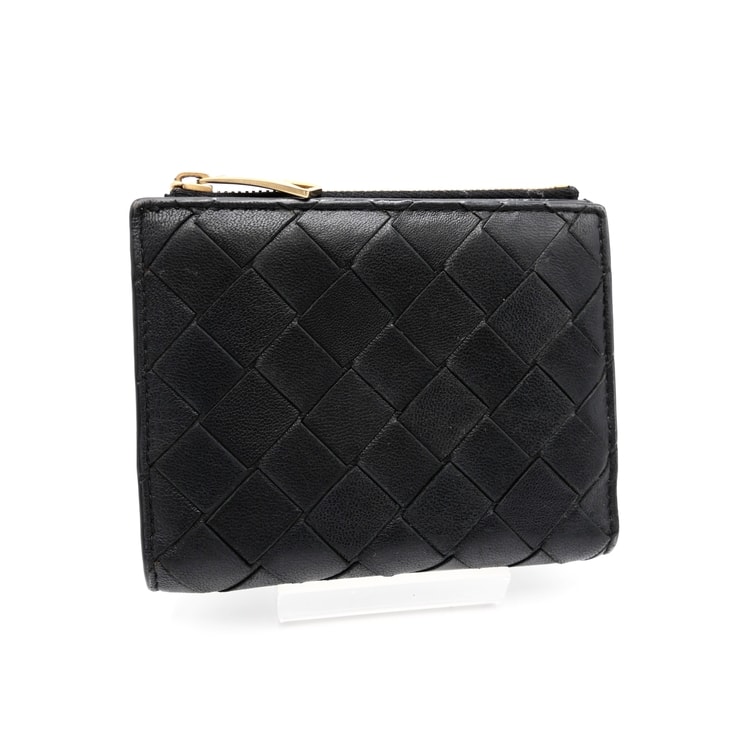 BOTTEGA VENETA(ボッテガ・ヴェネタ)イントレチャート スモール 二つ折り財布 コンパクトウォレット ブラック レザー ゴールド金具 レディース【中古】