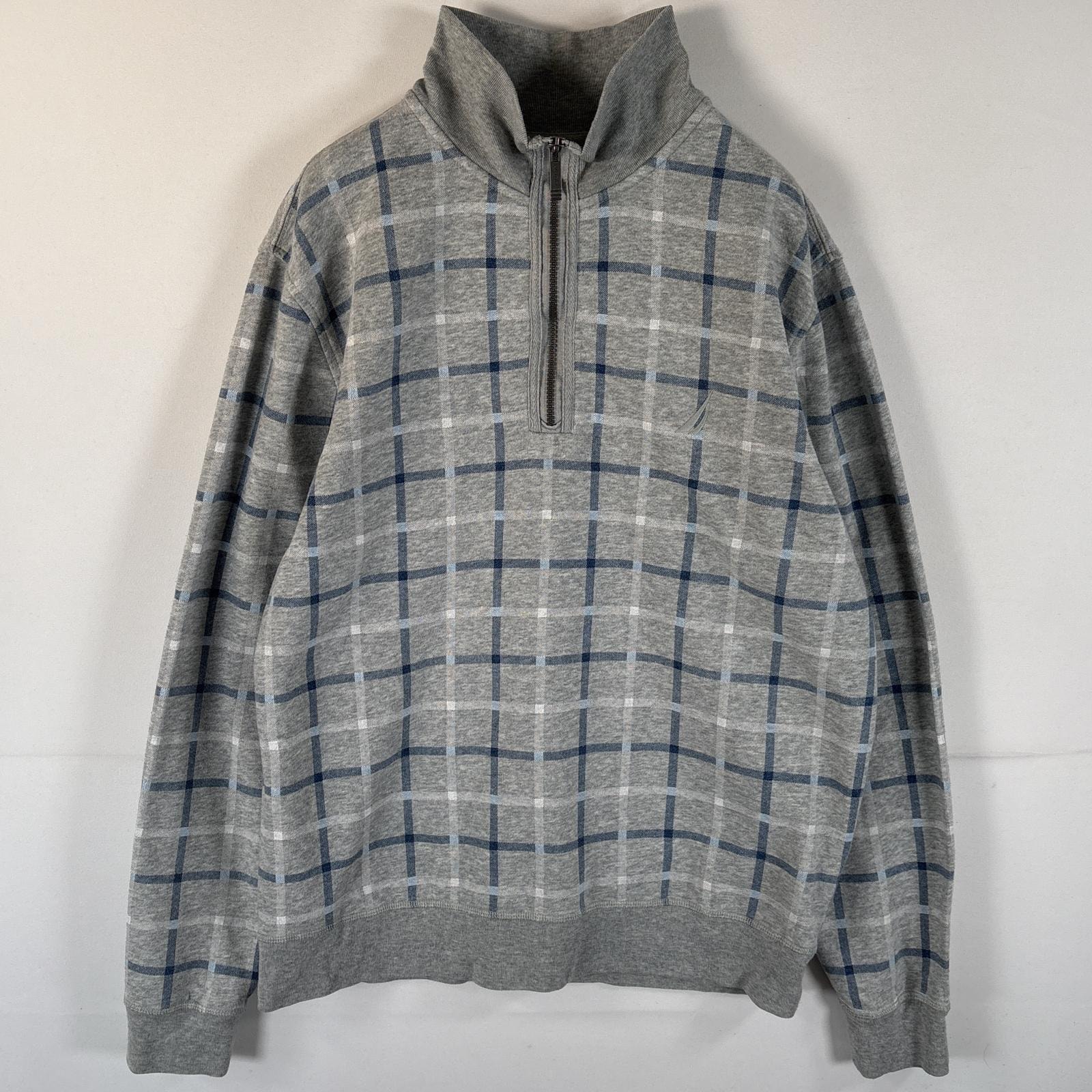 古着 ノーティカ NAUTICA スウェット ワンポイントロゴ刺繍 ハーフジップ L  グレー チェック メンズ