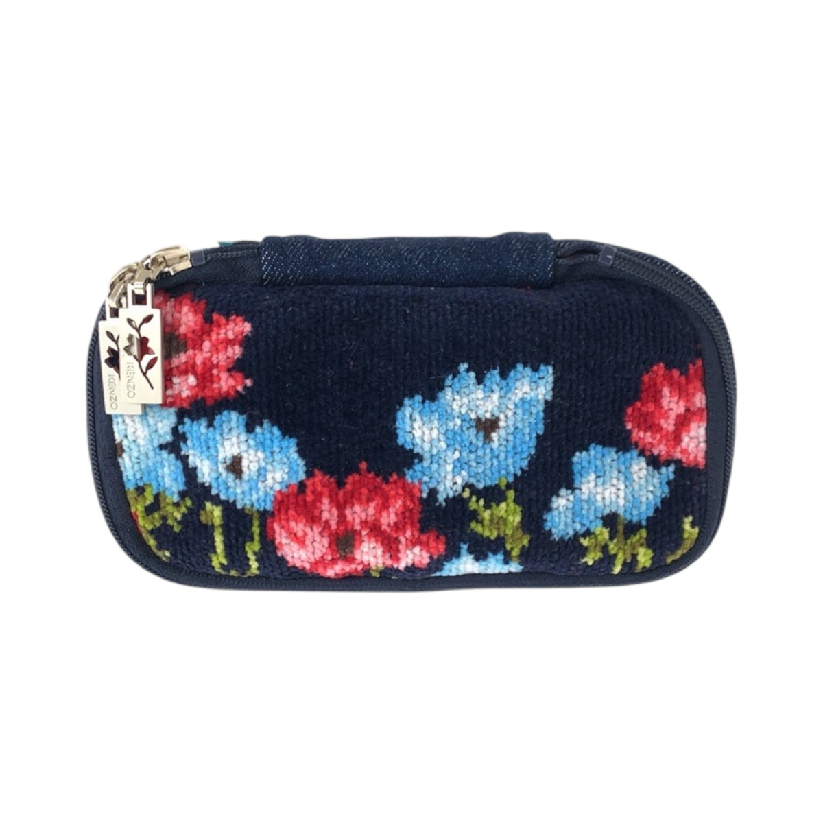 美品 KENZO ケンゾー フラワー ネイビー マルチカラー シルバー金具 デニム ポーチ メイクポーチ 小物入れ 600564 【中古】