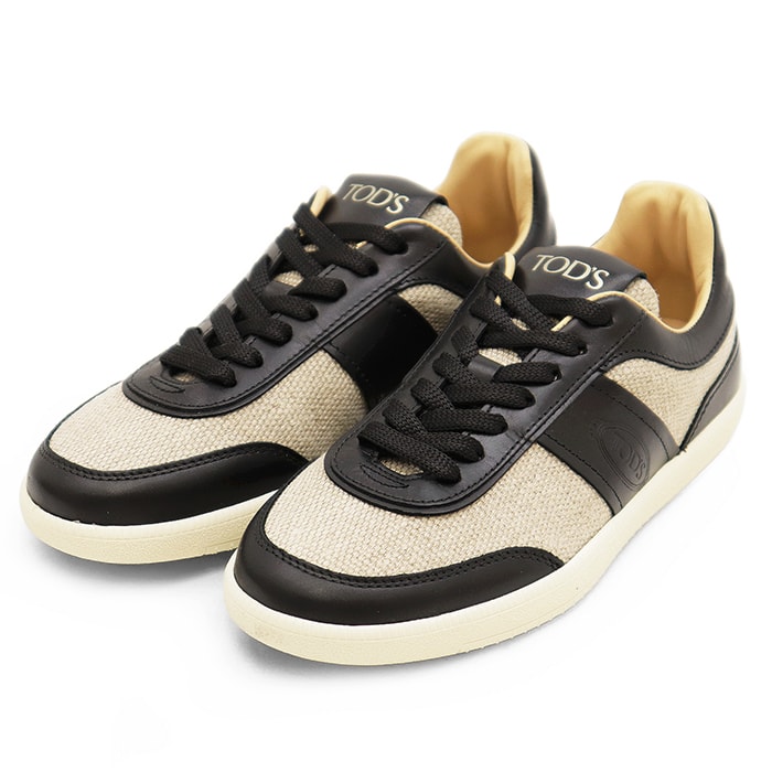 【新品同様】TOD'S トッズ スニーカー サイズ 36 レディース レザー × リネン 切替 ローカット シューズ 靴 箱 保存袋付属 黒×ベージュ イタリア製