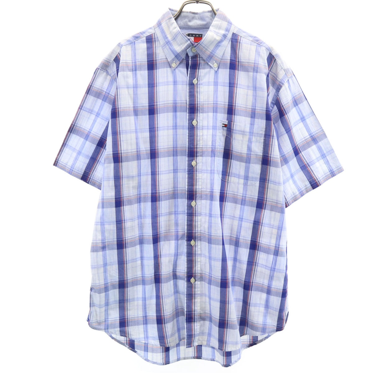 TOMMY HILFIGER トミーヒルフィガー 90s オールド チェック柄 半袖 ボタンダウンシャツ M 水色