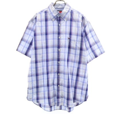TOMMY HILFIGER トミーヒルフィガー 90s オールド チェック柄 半袖 ボタンダウンシャツ M 水色