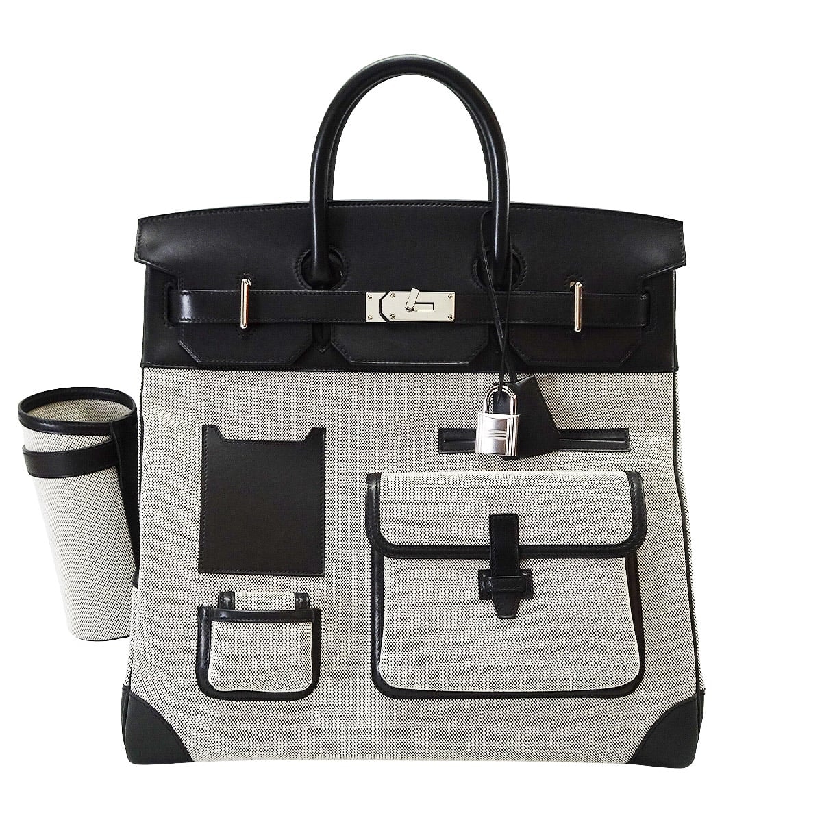 【恵比寿明治通り店】HERMES エルメス ハンドバッグ オータクロア40 カーゴ ポケット 黒 (ブラック)/エクリュ トワルアッシュ/エバーカーフ(エヴァーカーフ) シルバー金具 W刻印 SAランク【中古】