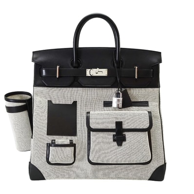 【恵比寿明治通り店】HERMES エルメス ハンドバッグ オータクロア40 カーゴ ポケット 黒 (ブラック)/エクリュ トワルアッシュ/エバーカーフ(エヴァーカーフ) シルバー金具 W刻印 SAランク【中古】