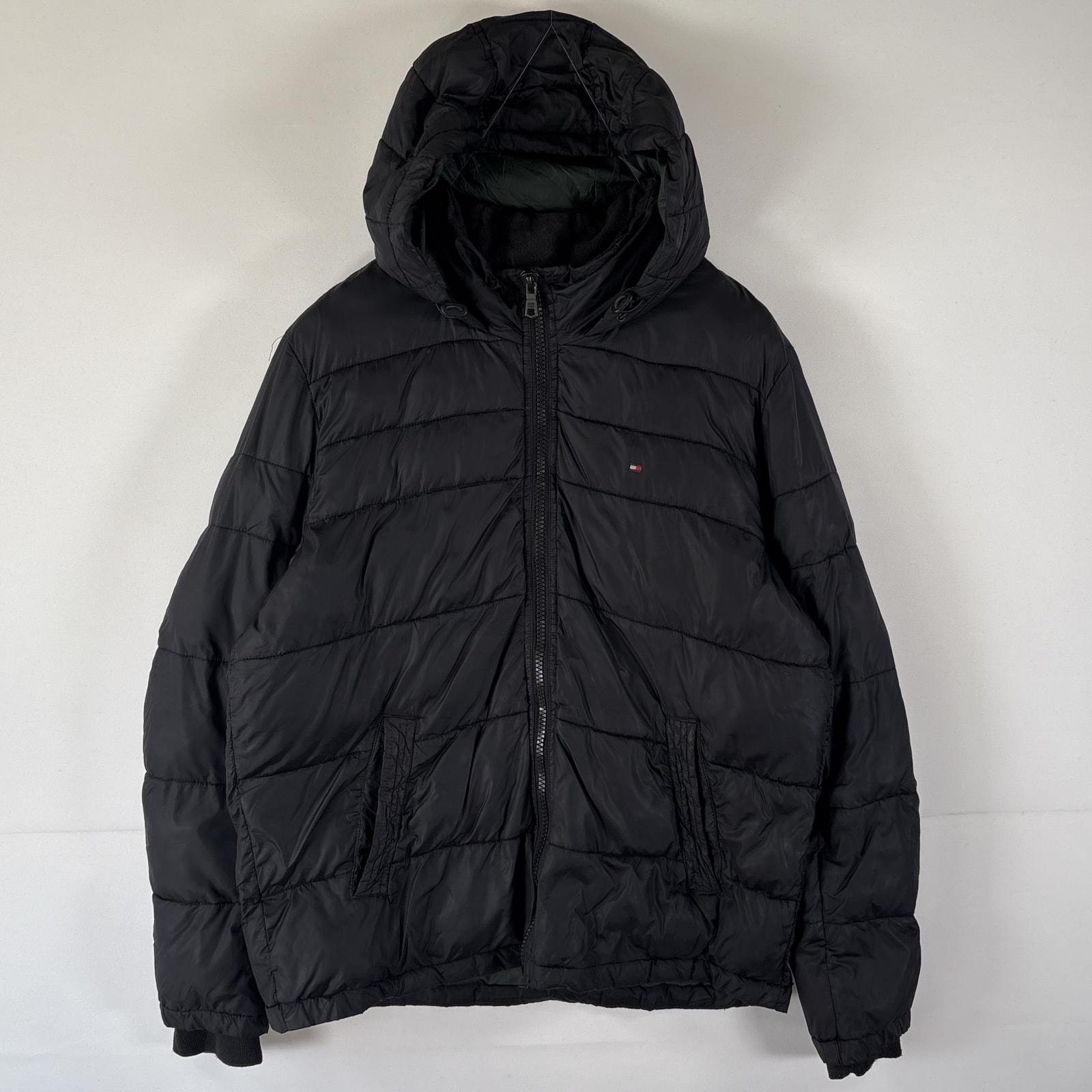 古着 トミーヒルフィガー TOMMY HILFIGER ナイロンジャケット 中綿 パーカー ワンポイントロゴ フルジップ フーディ L ブラック メンズ