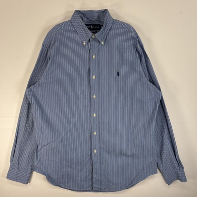 古着 90's/90年代 ラルフローレン RALPH LAUREN 長袖シャツ ロゴ 刺繍 ストライプ ボタンダウンシャツ L ブルー系 マルチカラー メンズ