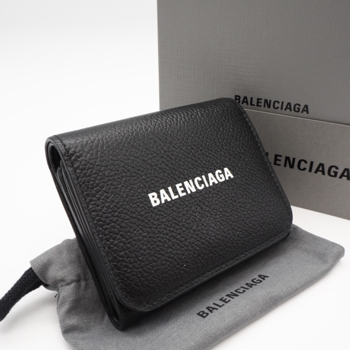 美品 BALENCIAGA バレンシアガ レザー Cash ミニウォレット 655622 三つ折り財布 ブラック レザー メンズ