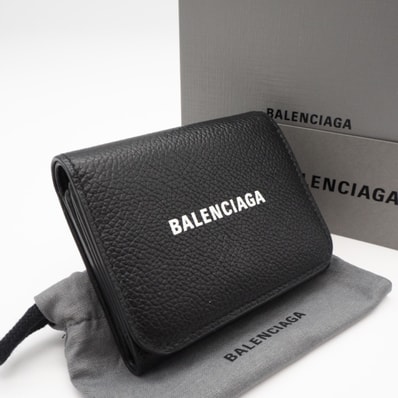 美品 BALENCIAGA バレンシアガ レザー Cash ミニウォレット 655622 三つ折り財布 ブラック レザー メンズ