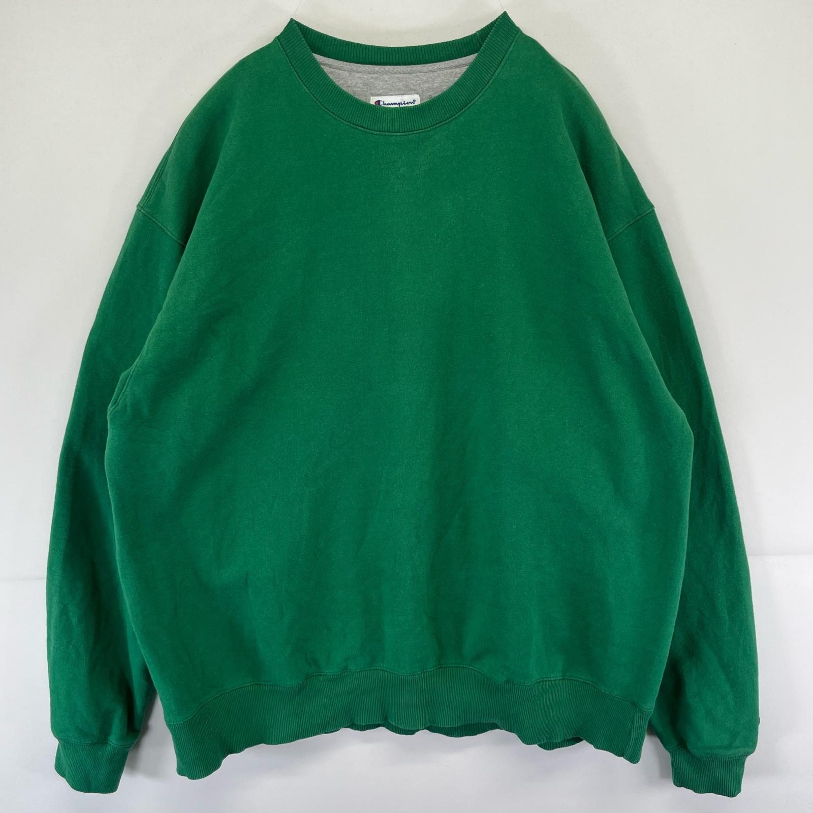 古着 チャンピオン Champion スウェット クルーネック 目なし トレーナー 大きいサイズ 2XL  グリーン系 無地 メンズ