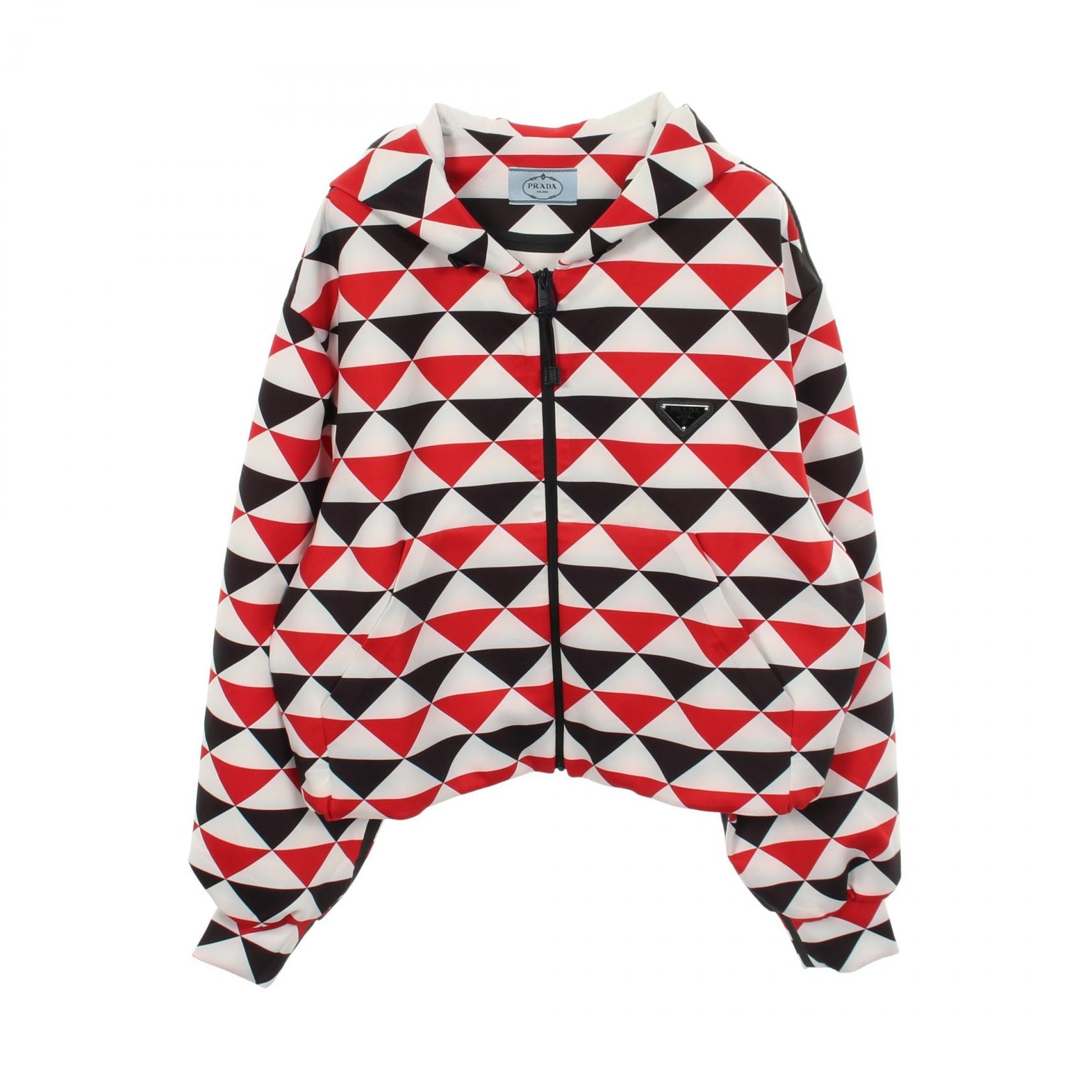 プラダ PRADA トライアングルパターン ジップアップパーカー 衣料品 アウター ポリエステル / エラスタン レディース ホワイト系 / ネイビー系 / レッド系 【中古】