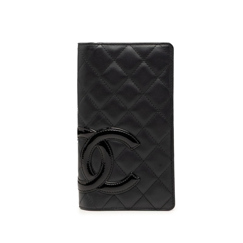 シャネル カンボンライン マトラッセ ココマーク 二つ折り 長財布 ブラック ピンク レザー エナメル レディース CHANEL 【中古】