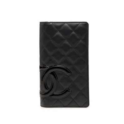 シャネル カンボンライン マトラッセ ココマーク 二つ折り 長財布 ブラック ピンク レザー エナメル レディース CHANEL 【中古】