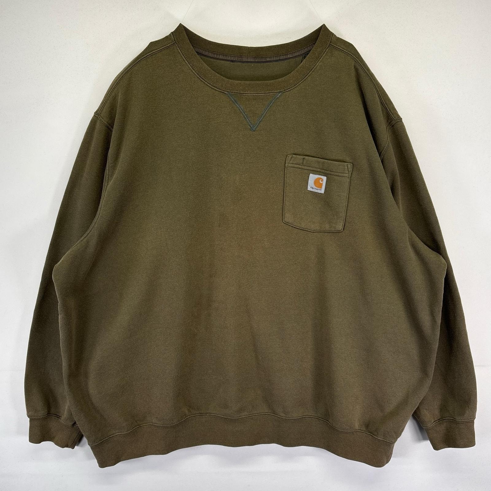 古着 カーハート Carhartt スウェット トレーナー プルオーバー 大きいサイズ 胸ポケット ワンポイントロゴ 4XL  カーキ系 メンズ