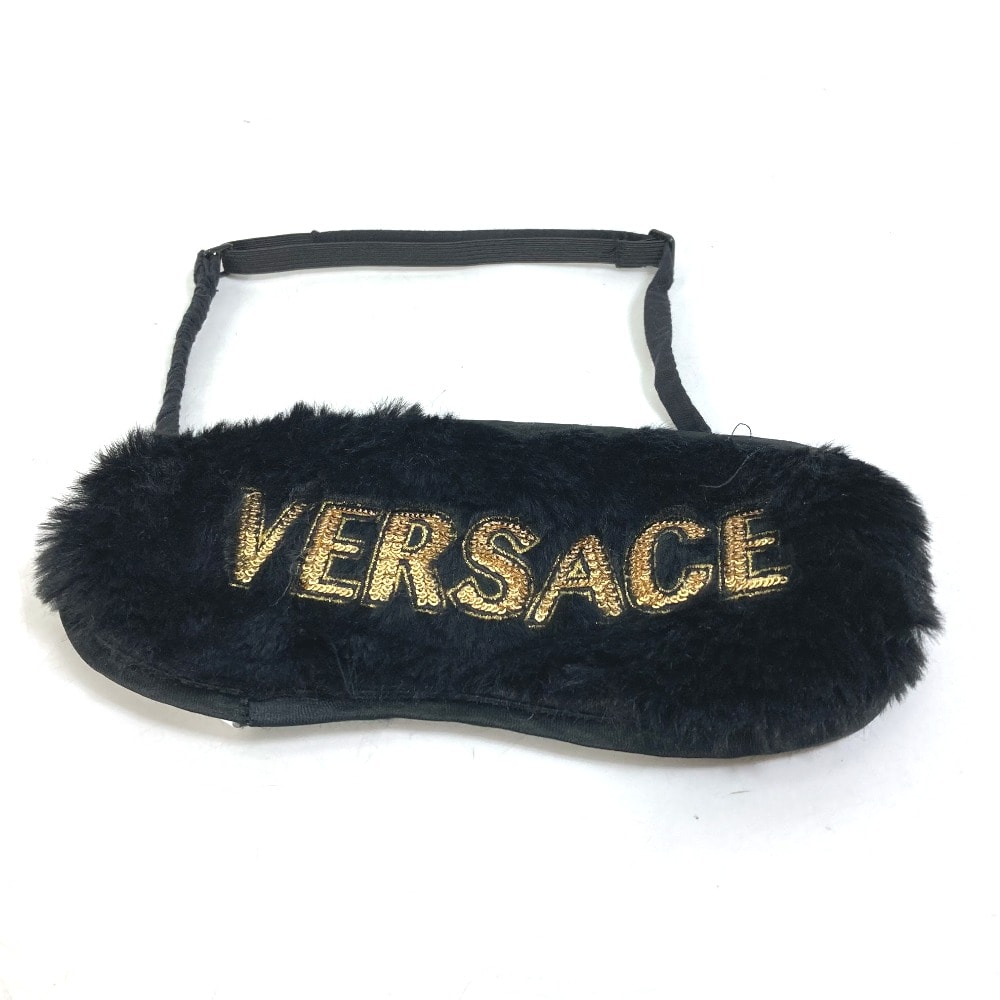 ヴェルサーチ VERSACE ロゴ 睡眠グッズ スパンコール ファー アイマスク ポリエステル ブラック