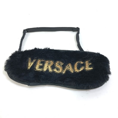 ヴェルサーチ VERSACE ロゴ 睡眠グッズ スパンコール ファー アイマスク ポリエステル ブラック