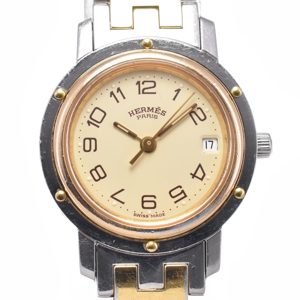エルメス HERMES CL4.220 クリッパー SS/GP デイト アイボリー クォーツ レディース 良品 箱付き 腕時計 N#148447