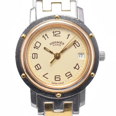 エルメス HERMES CL4.220 クリッパー SS/GP デイト アイボリー クォーツ レディース 良品 箱付き 腕時計 N#148447
