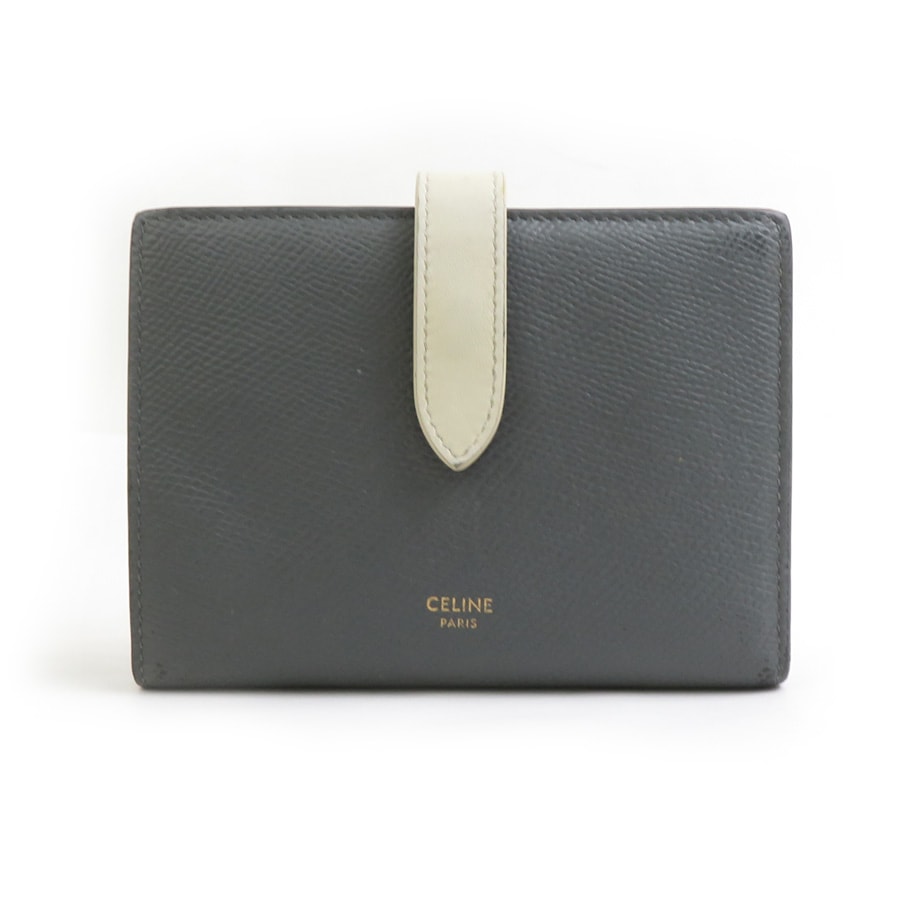 セリーヌ CELINE 二つ折り財布 ミディアムストラップウォレット レザー グレー×アイボリー レディース【中古】 h31246a