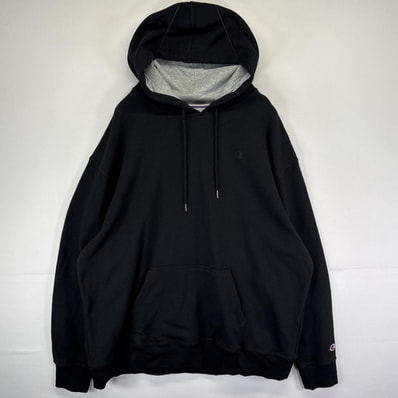 古着 チャンピオン Champion パーカー スウェット 大きいサイズ プルオーバー ワンポイントロゴ 2XL ブラック メンズ