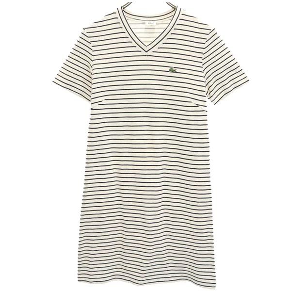 LACOSTE ラコステ ボーダー柄 半袖 Vネック ワンピース 40 白×黒