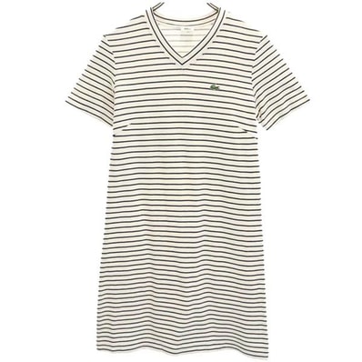 LACOSTE ラコステ ボーダー柄 半袖 Vネック ワンピース 40 白×黒