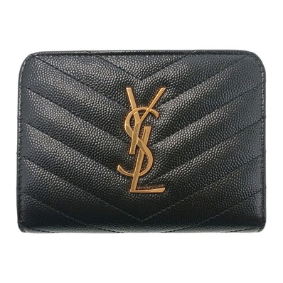 【値下げ】SAINT LAURENT サンローラン Vステッチ カサンドラ モノグラム コンパクトウォレット 二つ折り財布 403723 レザー ブラック ゴールド金具 レディース【中古】