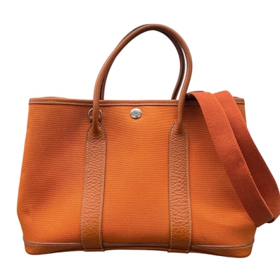 HERMES 美品 エルメス ガーデンパーティTPM 2way トートバッグ ショルダーバッグ トワルオフィシエ キャンバス レザー オレンジ ハンドバッグ レディース メンズ ユニセックス ABランク 中古 鑑定済 エルメスバッグ