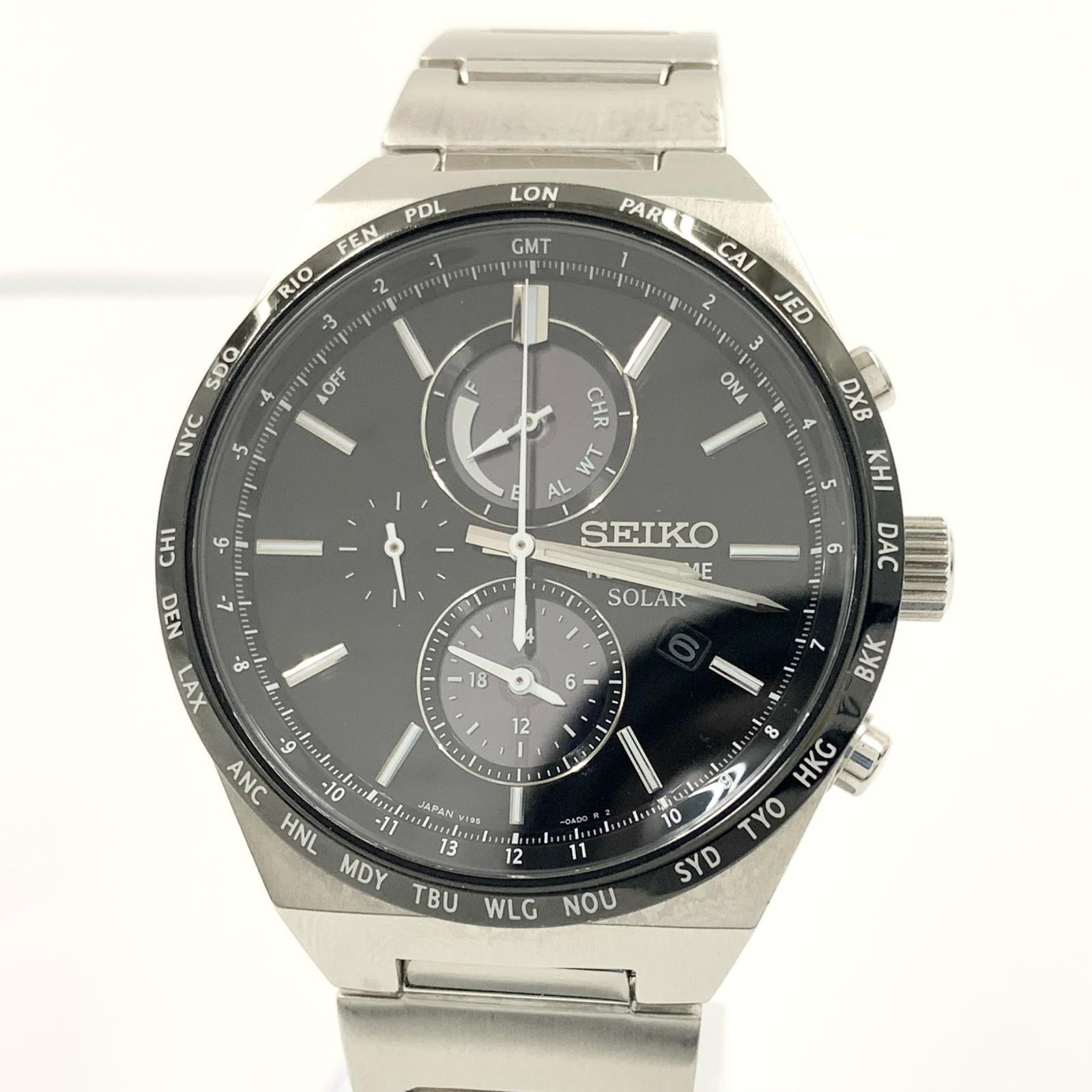 SEIKO セイコー クロノグラフ 電波 ソーラー 腕時計 V195-0AE0 シルバー x ブラック