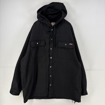古着 ディッキーズ Dickies ジャケット ワンポイントロゴ フルボタン 胸ポケット フーディ パーカー 大きいサイズ 2XL ブラック メンズ