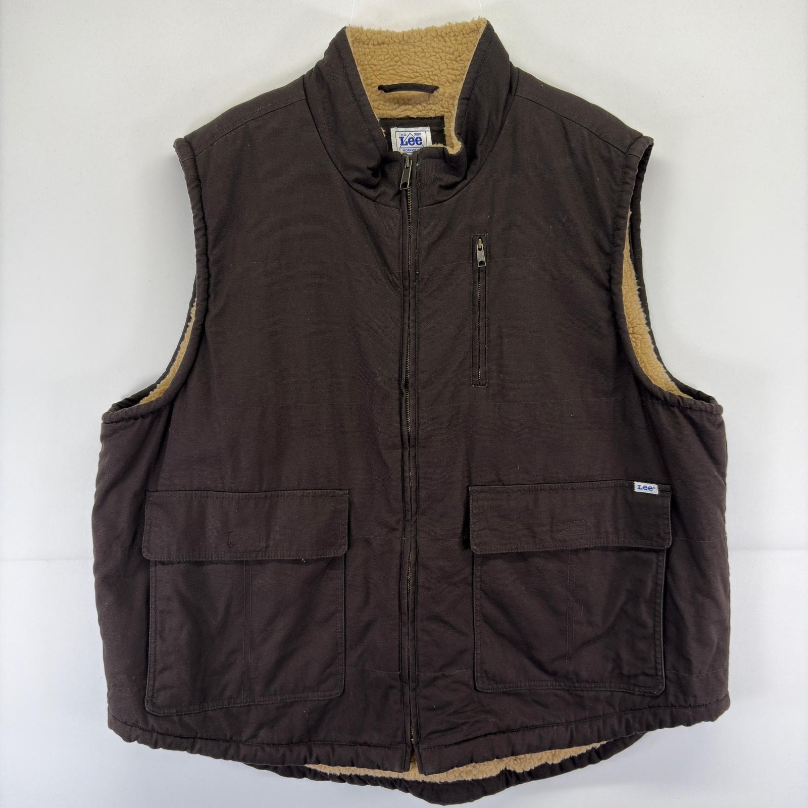 古着 リー Lee ベスト ダック ボアライナー 大きいサイズ フルジップ ワーク ワンポイント 2XL  ブラウン メンズ