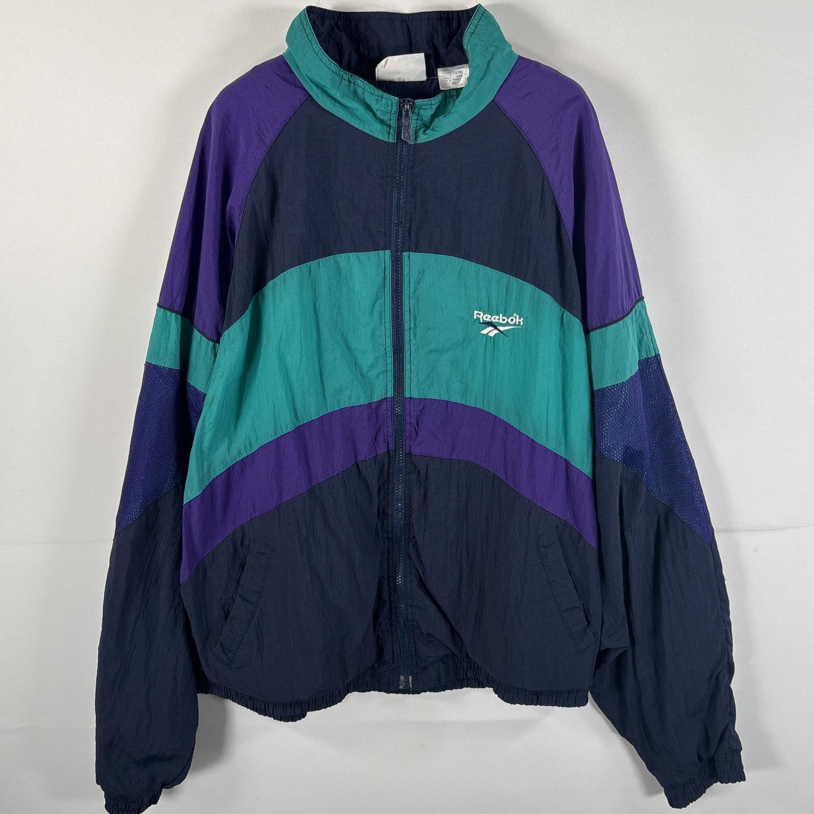 古着 90's/90年代 リーボック Reebok ナイロンジャケット ワンポイントビッグロゴ刺繍 大きいサイズ フルジップ XL  ネイビー マルチカラー メンズ