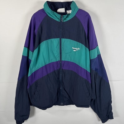 古着 90's/90年代 リーボック Reebok ナイロンジャケット ワンポイントビッグロゴ刺繍 大きいサイズ フルジップ XL ネイビー マルチカラー メンズ