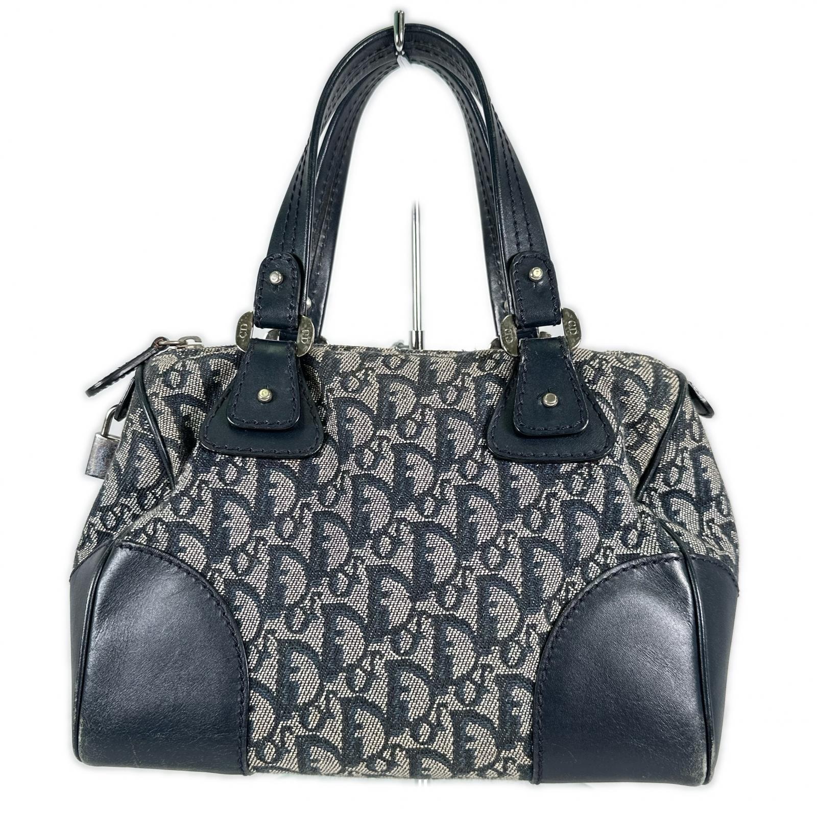 Dior ディオール ミニボストンバッグ トロッター柄 D金具 キャンバス ネイビー グレー ヴィンテージ レディース