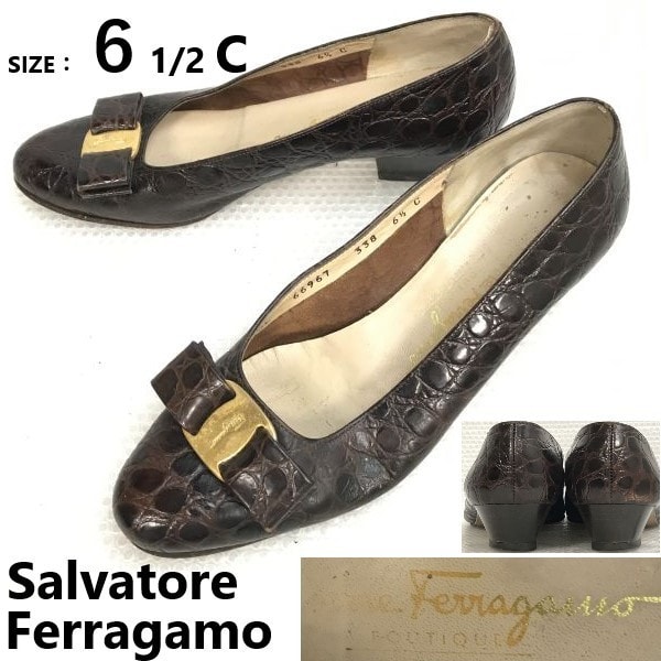 イタリア製★フェラガモ/Salvatore Ferragamo★ヴァラリボン/パンプス【size:6.5C/23.0-23.5/茶/brown 】クロコダイル/heels/shoes◆bQ-587