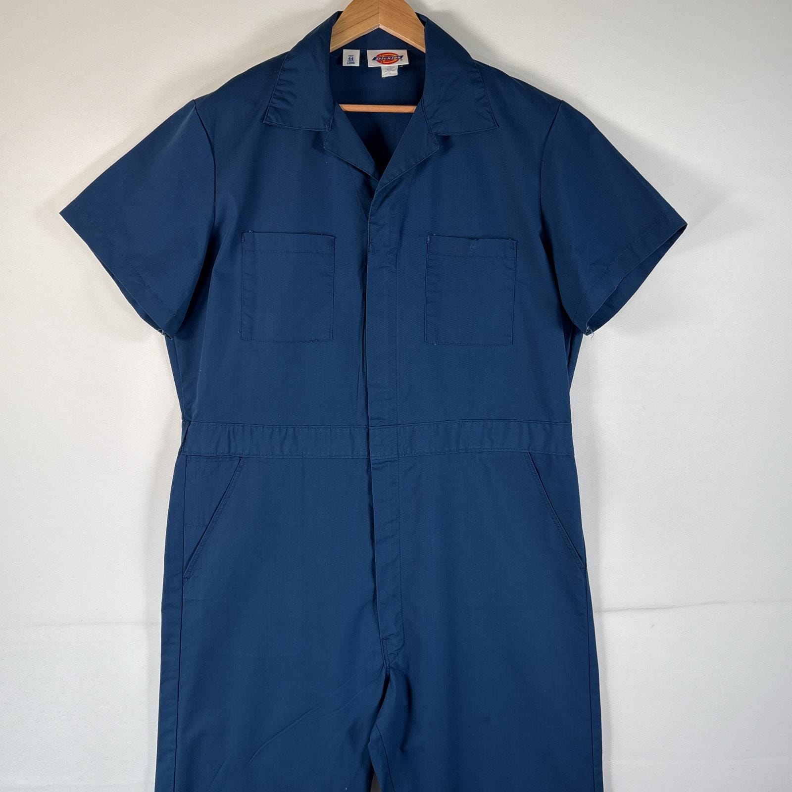 古着 ディッキーズ Dickies USA製 半袖つなぎ オールインワン ワーク 作業着 大きいサイズ ワンポイントロゴ サイドポケット 44LONG  ネイビー系 メンズ