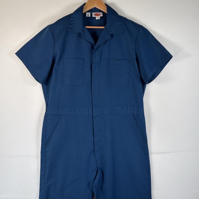古着 ディッキーズ Dickies USA製 半袖つなぎ オールインワン ワーク 作業着 大きいサイズ ワンポイントロゴ サイドポケット 44LONG ネイビー系 メンズ