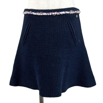 極美品 シャネル ツイードスカート ダークネイビー レディース 38 P70083