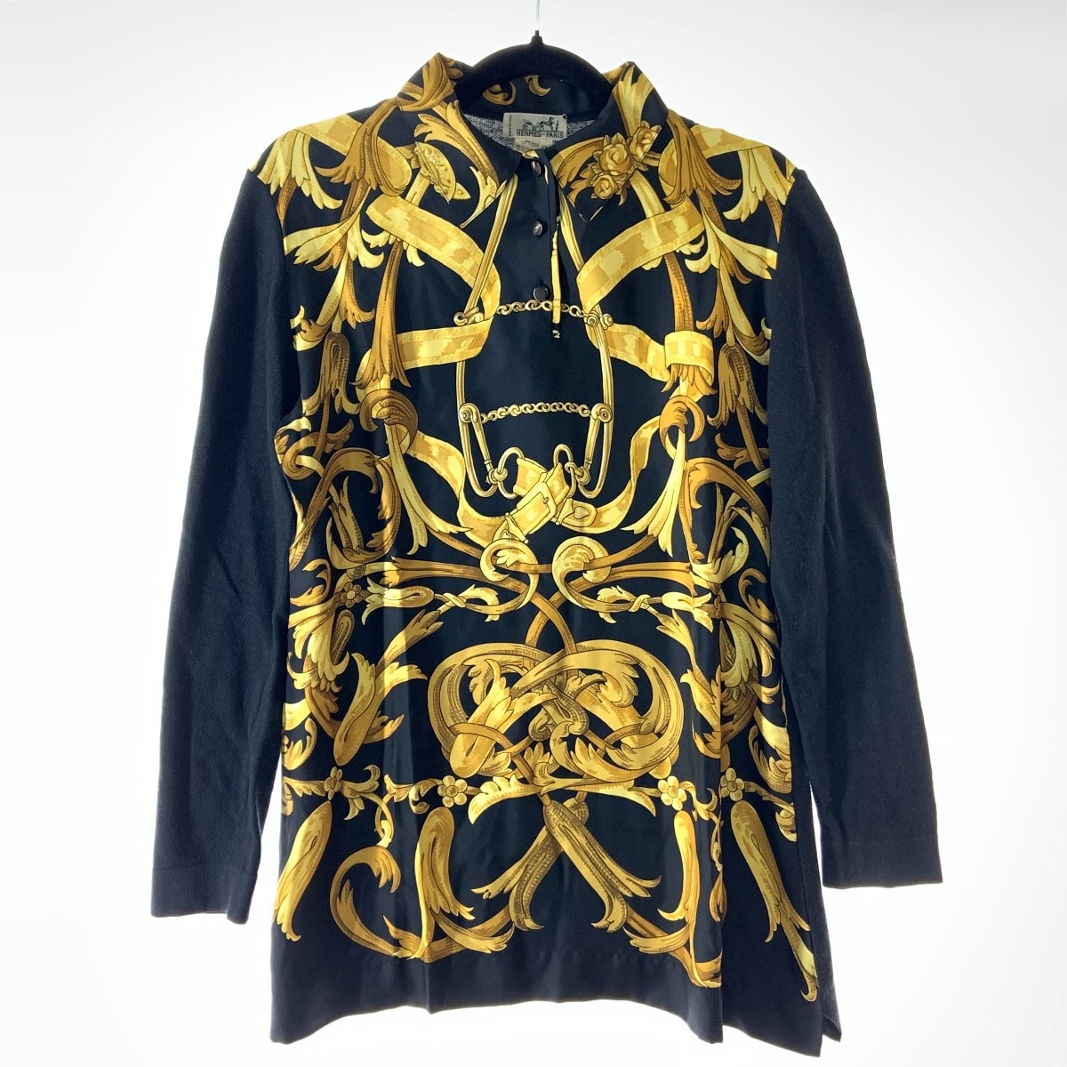 〇〇HERMES エルメス カシミヤ Hボタン シャツ ニット L サイズ ブラック x イエロー