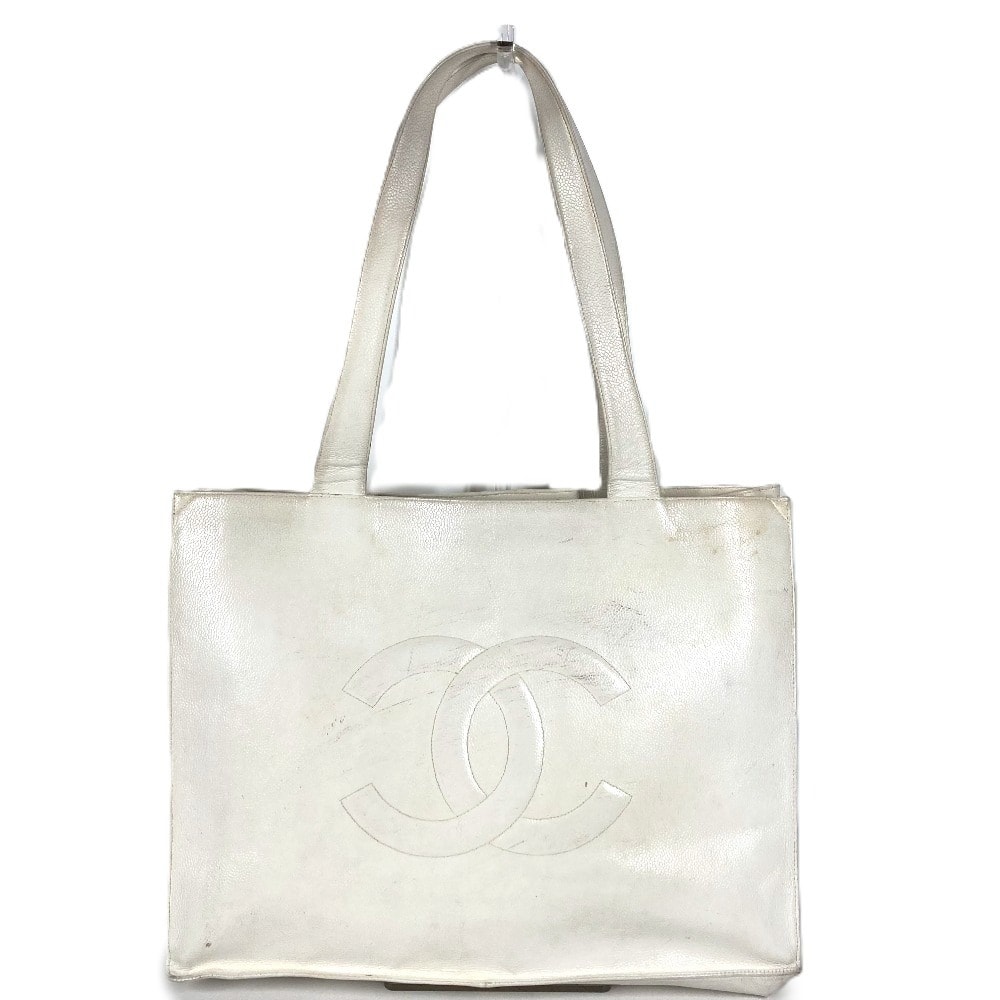 シャネル CHANEL ロゴ CC ココマーク ヴィンテージ 肩掛け カバン トートバッグ ショルダーバッグ キャビアスキン ホワイト