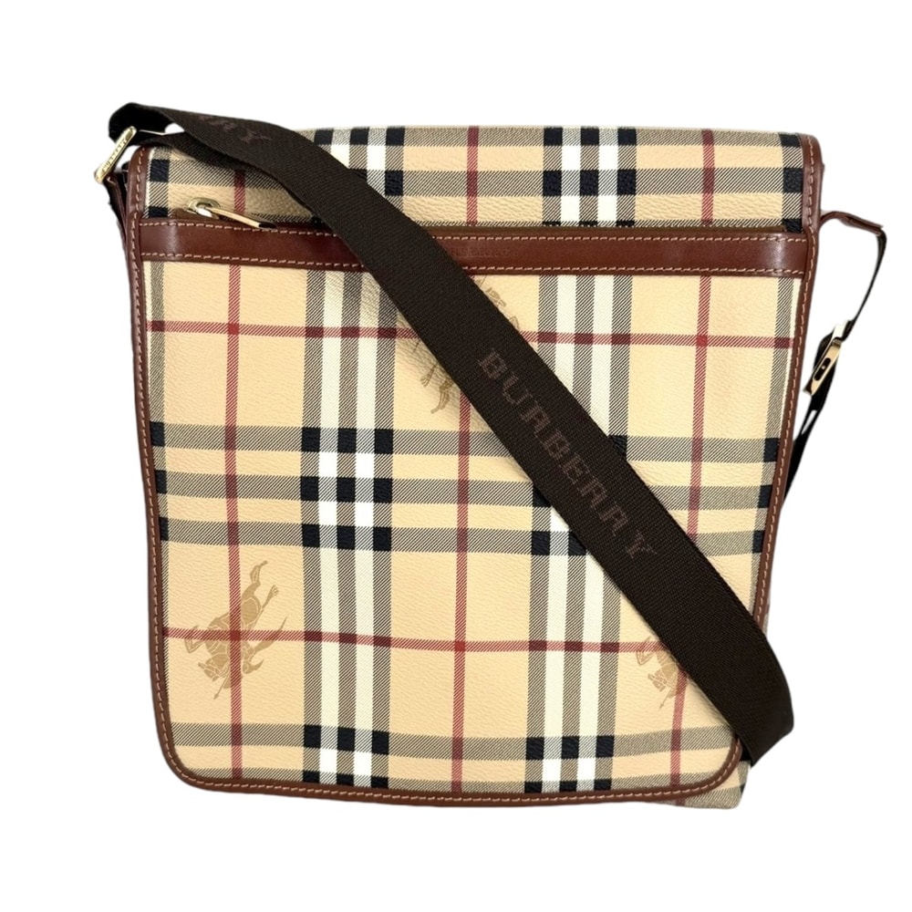BURBERRY バーバリー ショルダーバッグ ノバチェック 肩掛け 斜め掛け PVCコーティングキャンバス レザー ベージュ ゴールド金具 ユニセックス 美品【中古品】