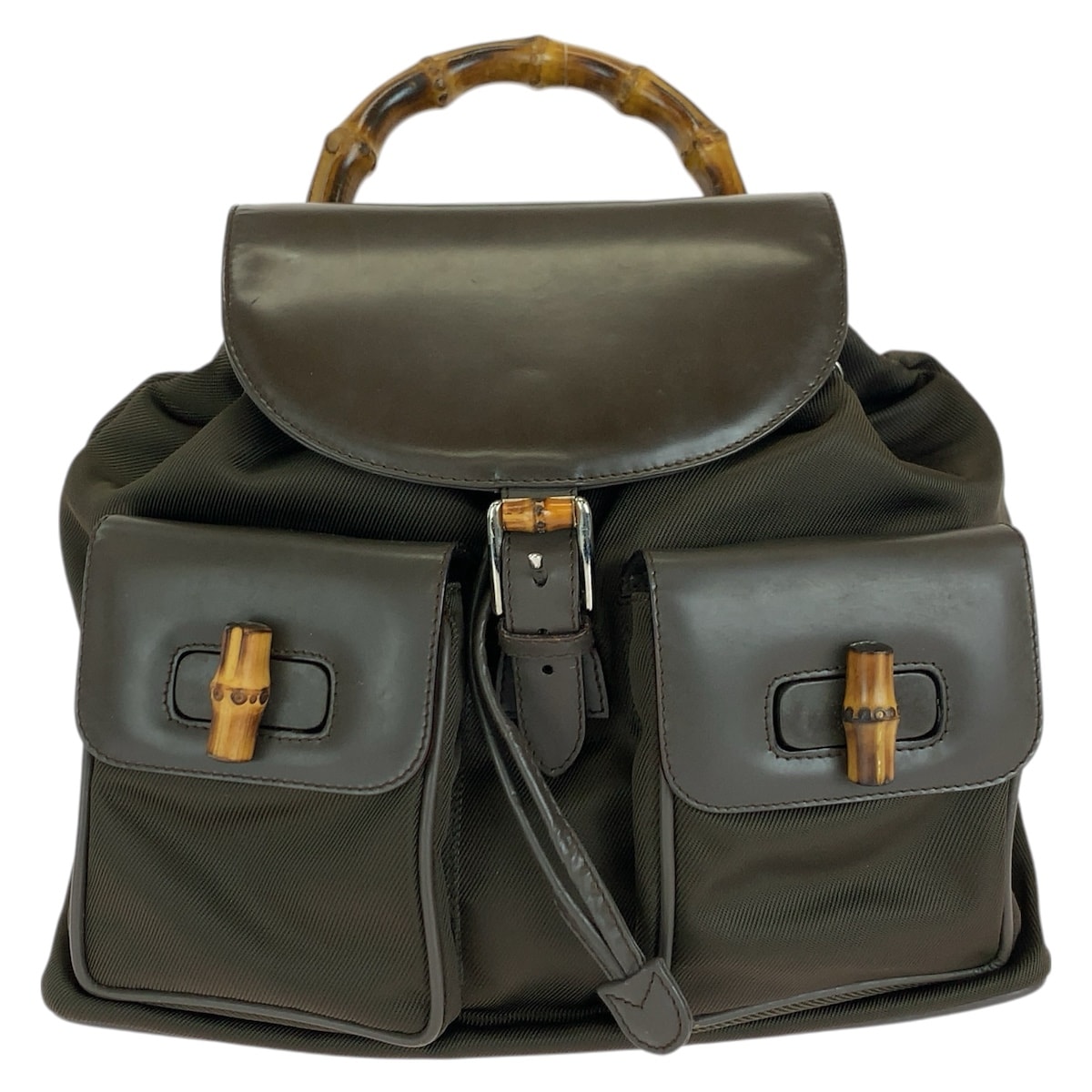 GUCCI グッチ ヴィンテージ バンブー カーキ シルバー金具 ナイロン レザー/ リュックサック バックパック 604704 【中古】