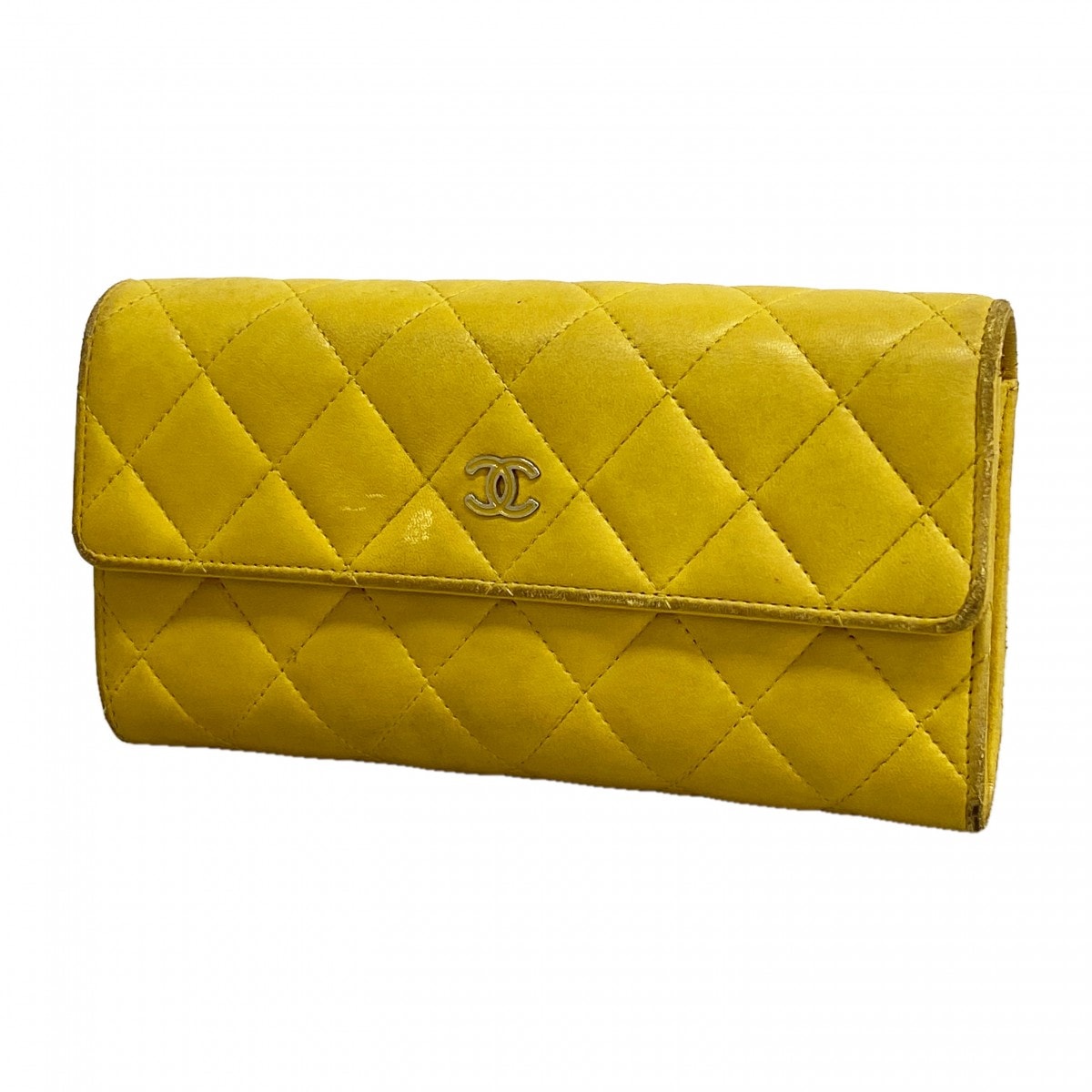 ★最終価格【6fa0578】シャネル 長財布 マトラッセ ラムスキン イエロー シルバー金具【中古】レディース