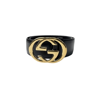 グッチ GUCCI インターロッキングG ベルト レザー ブラック×ゴールド レディース