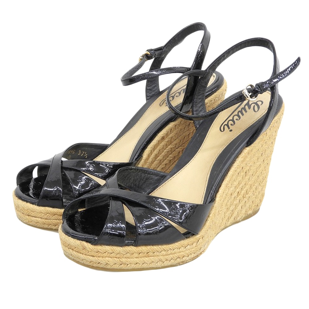 グッチ マイクログッチシマ パテントレザー ウェッジソール サンダル シューズ レディース 黒 ブラック37 1/2 291096 37 1/2