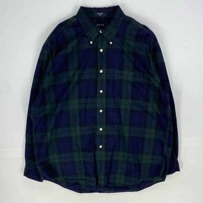 古着 ノーティカ NAUTICA 長袖シャツ ワンポイントロゴ刺繍 ボタンダウン ロングスリーブ XL グリーン系 チェック メンズ
