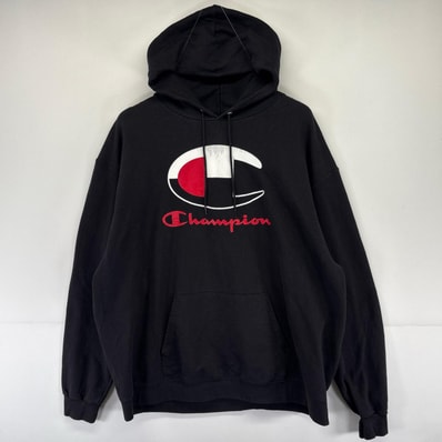 古着 チャンピオン Champion パーカー ロゴ プリント 大きいサイズ フーディ プルオーバー 2XL ブラック系 メンズ