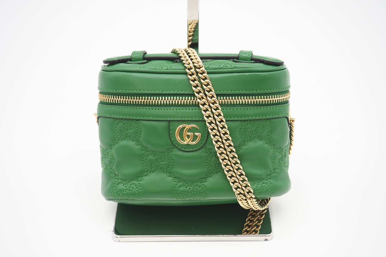 極美品 GUCCI グッチ GGマーモント ミニ トップハンドルバッグ 723770 ショルダーバッグ グリーン レザー レディース