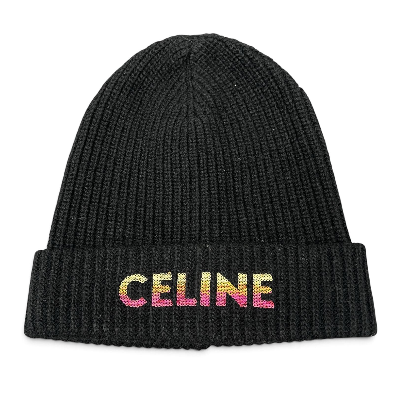 CELINE 極美品 セリーヌ ロゴ エンブロイダリー グラデーション ビーニー ニットキャップ 2A07Z666Q ニット帽 ブラック マルチカラー スパンコール 帽子 Aランク 中古 鑑定済 セリーヌニット帽
