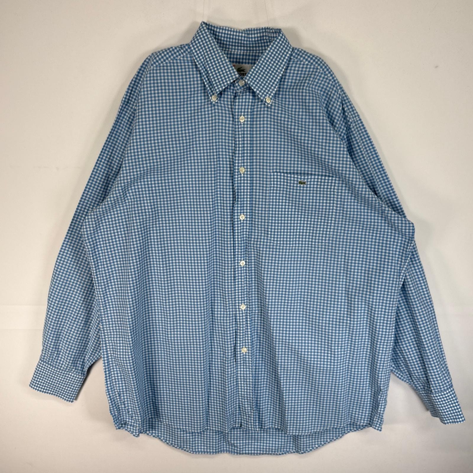 古着 ラコステ LACOSTE 長袖シャツ ロゴ 胸ポケ ボタンダウン 2XL  水色系 チェック メンズ