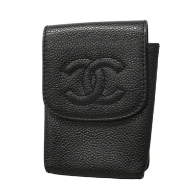 【6id4925】シャネル シガレットケース キャビアスキン ブラック ゴールド金具【中古】レディース